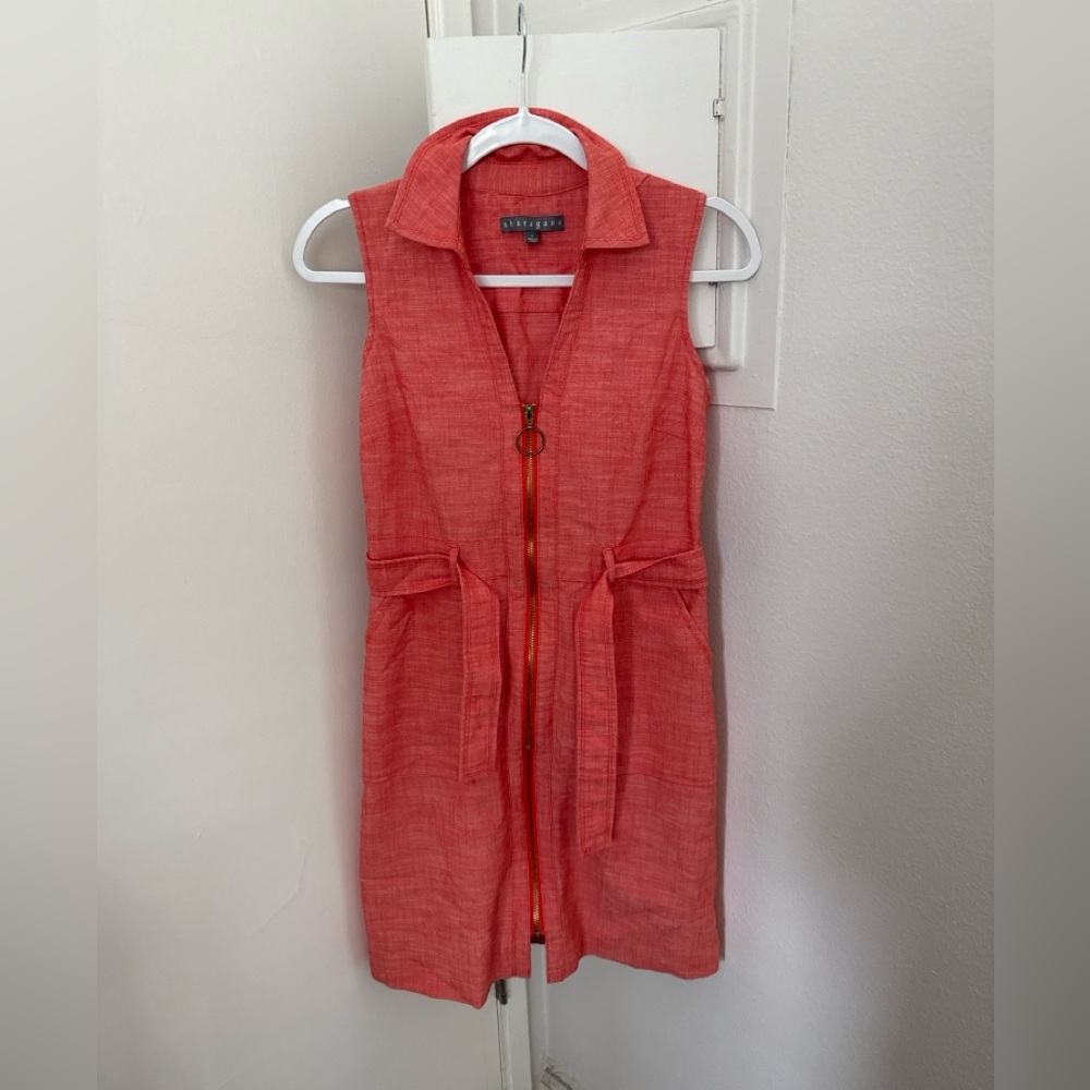 SHARANGO Chambray Gold Zip Front Tie Belted Cotton Sleeveless Shirt Dress